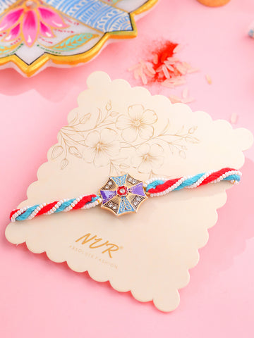 NVR Men Floral Design Multicolor Artificial Stones & Pearls Thread Rakhi with Roli Chawal Chandan & Mishri