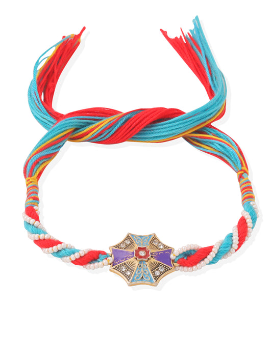 NVR Men Floral Design Multicolor Artificial Stones & Pearls Thread Rakhi with Roli Chawal Chandan & Mishri