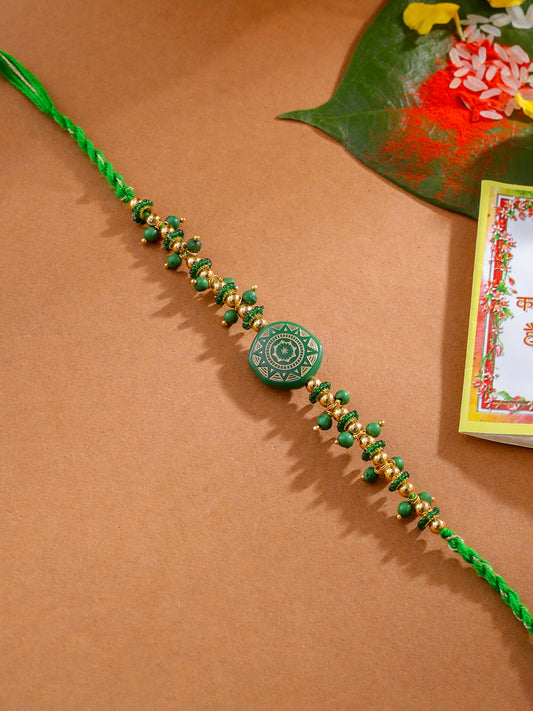 NVR Men Green Artificial Beads Round Shape Thread Rakhi with Roli Chawal Chandan & Mishri