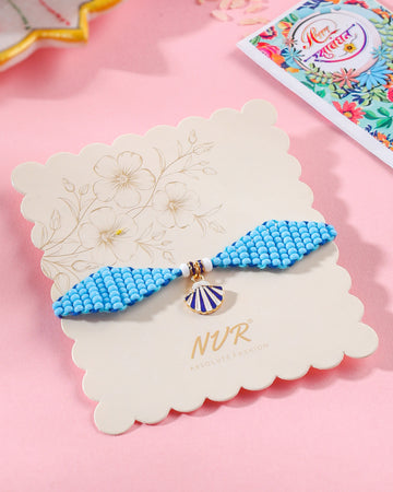 NVR Men Blue Pearls Unique Design Thread Rakhi with Roli Chawal Chandan & Mishri