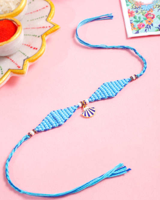 NVR Men Blue Pearls Unique Design Thread Rakhi with Roli Chawal Chandan & Mishri