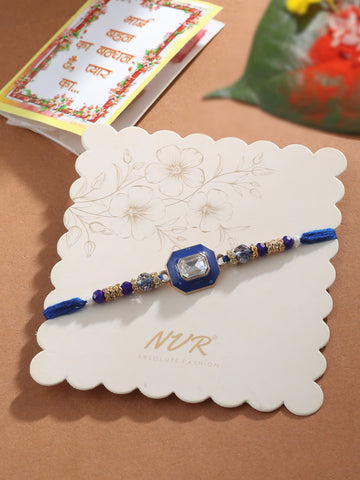 NVR Men Blue Artificial Stones Handmade Thread Rakhi with Roli Chawal Chandan & Mishri