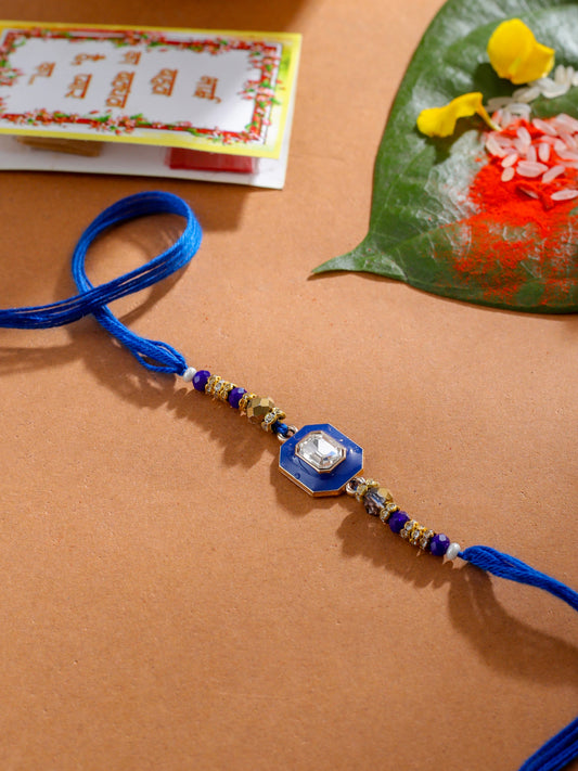 NVR Men Blue Artificial Stones Handmade Thread Rakhi with Roli Chawal Chandan & Mishri
