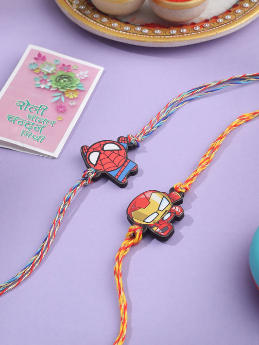 NVR Kids Set of 2 Cute Cartoon Superhero Thread Rakhi with Roli Chawal Chandan & Mishri