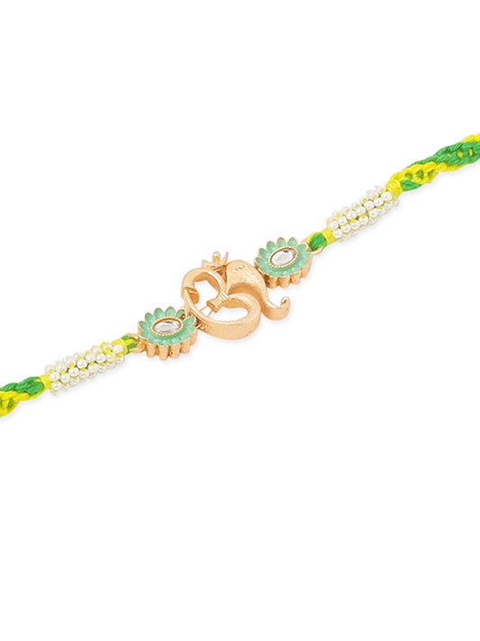 NVR Men Green Kundan Studded Om Design Thread Rakhi, Combo for Rakshabandhan