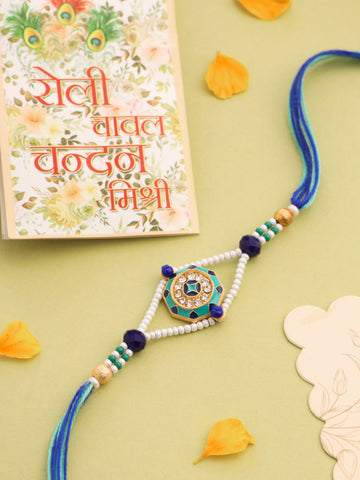 NVR Men Blue Artificial Stones & Beads Floral Design Thread Rakhi with Roli Chawal Chandan & Mishri
