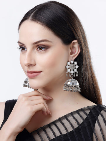 NVR Women Silver Mirror Oxidised Brass-Plated Dome Shaped Jhumka Earrings