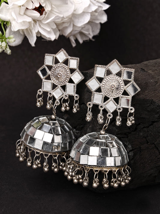 NVR Women Silver Mirror Oxidised Brass-Plated Dome Shaped Jhumka Earrings