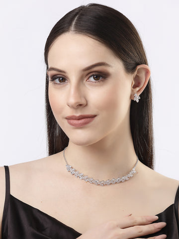 NVR Women Silver-Plated American Diamond Jewellery Set Necklace & Earrings