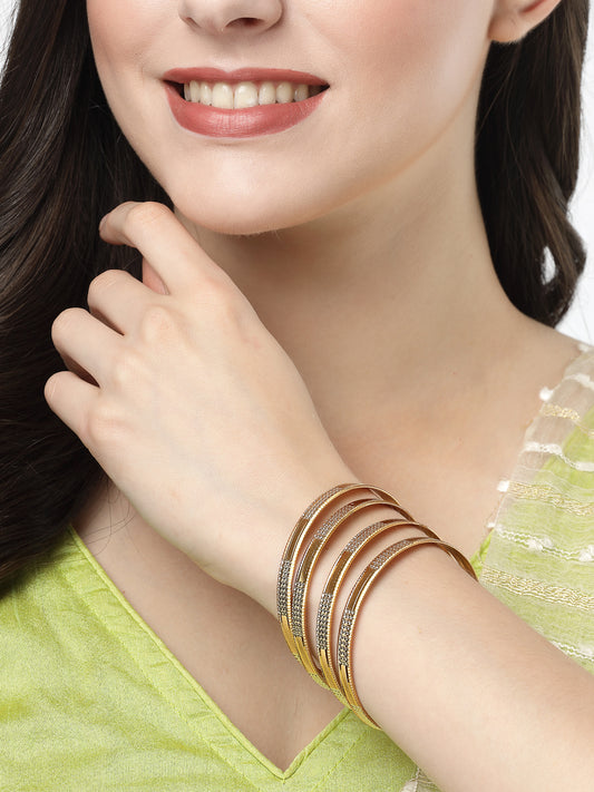 NVR Women Set of 4 Gold-Plated CZ-Studded Traditional Bangles