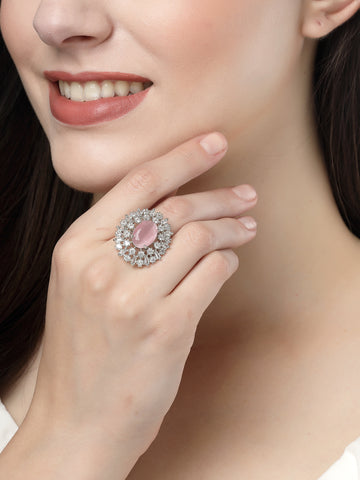 NVR Women Pink & Silver CZ-Studded Handcrafted Adjustable Finger Ring