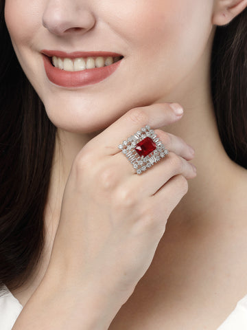 NVR Women Red & Silver CZ-Studded  Square-Shaped Adjustable Finger Ring