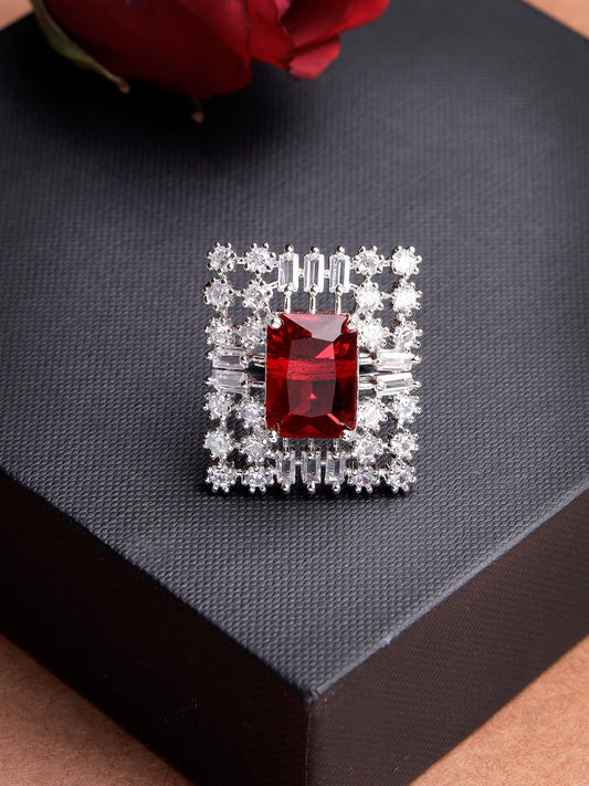 NVR Women Red & Silver CZ-Studded  Square-Shaped Adjustable Finger Ring
