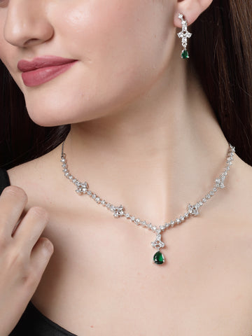 NVR Women Silver-Plated Green American Diamond Studded Jewellery Set