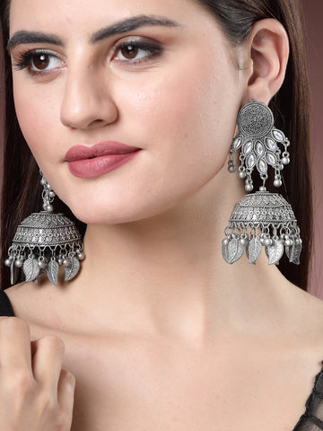 NVR Women Silver-Plated Oxidised Artificial Stones Dome Shaped Jhumka Earrings