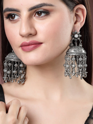 NVR Women Silver Plated Mirror Work Oxidised Contemporary Jhumka Earrings