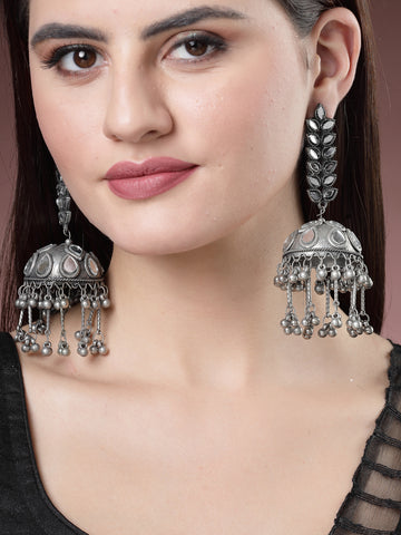NVR Women Silver Plated Mirror Work Oxidised Contemporary Jhumka Earrings