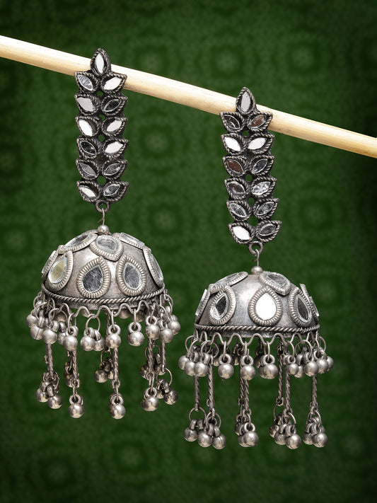 NVR Women Silver Plated Mirror Work Oxidised Contemporary Jhumka Earrings