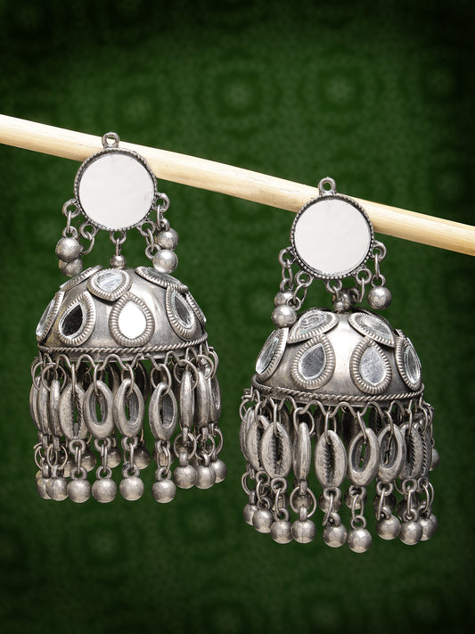 NVR Women Silver Plated Mirror Work Oxidised Contemporary Jhumka Earrings