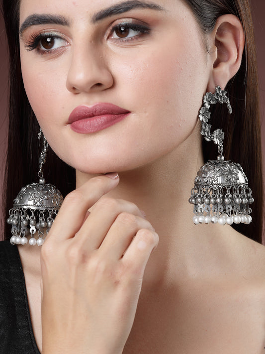 NVR Women Silver Plated Pearl Beaded Oxidised Contemporary Jhumka Earrings