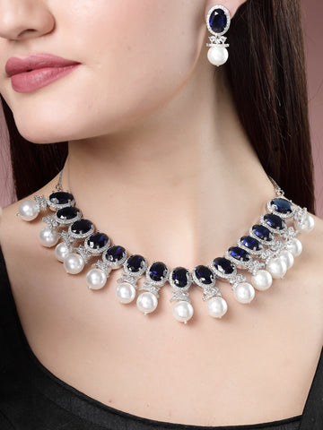 NVR Women Silver-Plated Blue American Diamond Studded Handcrafted Jewellery Set