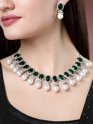 NVR Women Silver-Plated Green American Diamond Studded Handcrafted Jewellery Set