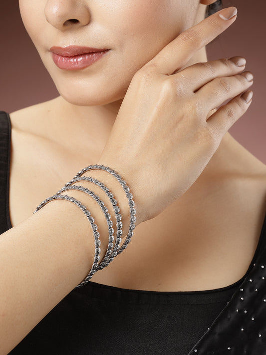 NVR Women Set of 4 Silver-Toned German Silver Oxidised Bangles