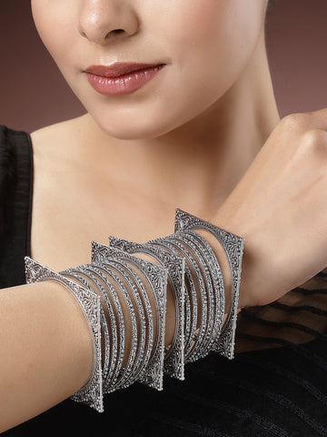 NVR Women Set of 8 Silver-Toned German Silver Oxidised Bangles
