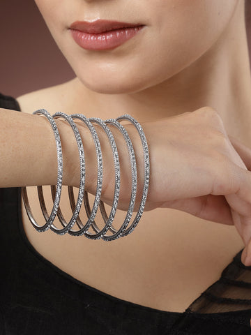 NVR Women Set of 6 Silver-Toned German Silver Oxidised Bangles