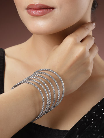 NVR Women Set of 6 Silver-Toned German Silver Oxidised Bangles