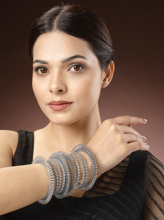 NVR Women Set of 6 Silver-Toned German Silver Oxidised Bangles