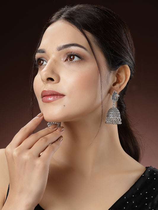 NVR Women Silver-Toned Peacock Design German Silver Oxidised Dome Shaped Jhumka Earrings