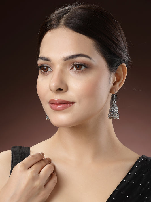 NVR Women Silver-Toned German Silver Oxidised Dome Shaped Jhumka Earrings
