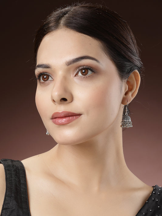 NVR Women Silver-Toned German Silver Oxidised Dome Shaped Jhumka Earrings