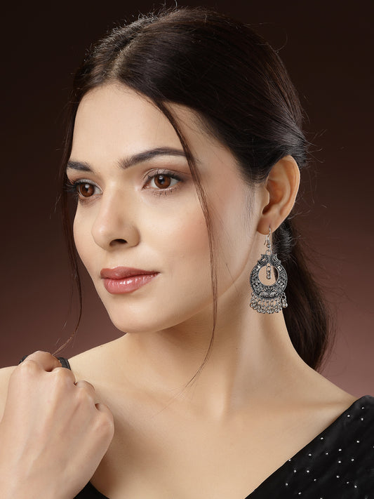 NVR Women Silver-Plated German Silver Oxidised Chandbali Earrings