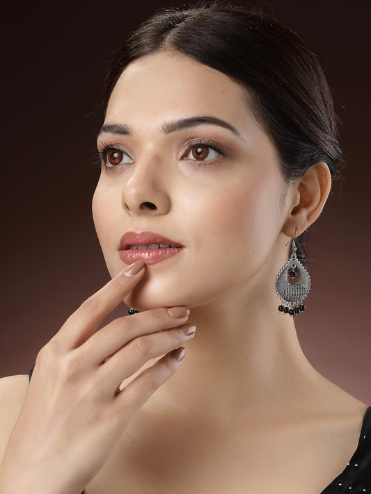 NVR Women Silver-Plated Artificial Beads German Silver Oxidised Chandbali Earrings