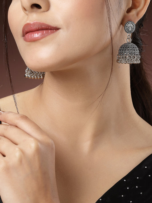 NVR Women Silver-Toned German Silver Oxidised Dome Shaped Jhumka Earrings