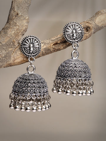 NVR Women Silver-Toned German Silver Oxidised Dome Shaped Jhumka Earrings
