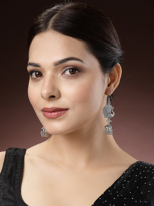 NVR Women Silver-Toned Peacock Desing German Silver Oxidised Dome Shaped Jhumka Earrings