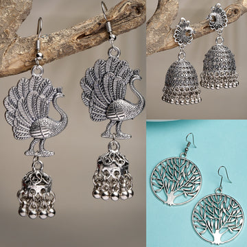 NVR Women Set of 3 Silver-Toned German Silver Oxidised Dome Shaped Jhumka Earrings