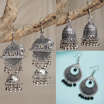 NVR Women Set of 3 Silver-Toned German Silver Oxidised Dome Shaped Jhumka Earrings
