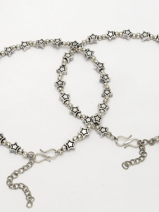 NVR Women Set of 2 Silver-Plated Star Design Anklets