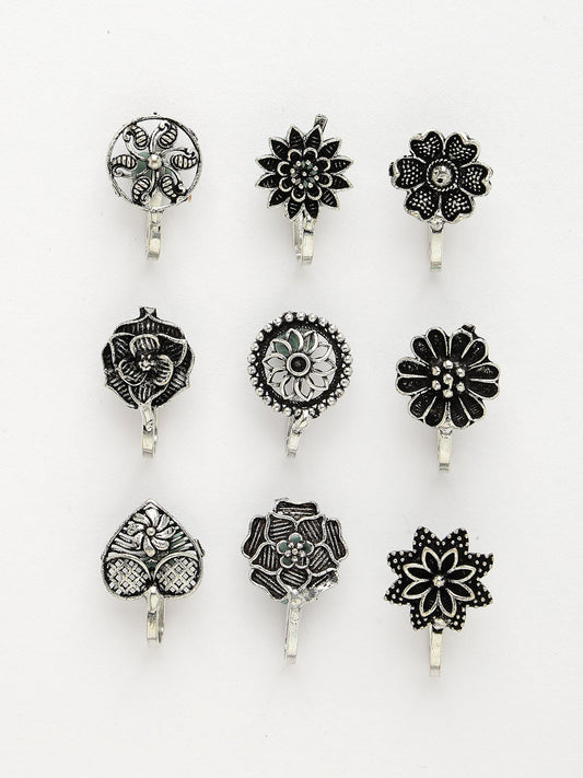 NVR Women Set of 9 Silver-Plated German Silver Nose Pins