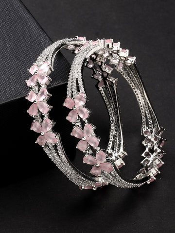 NVR Women Set of 2 Silver-Plated American Diamond Handcrafted Bangles