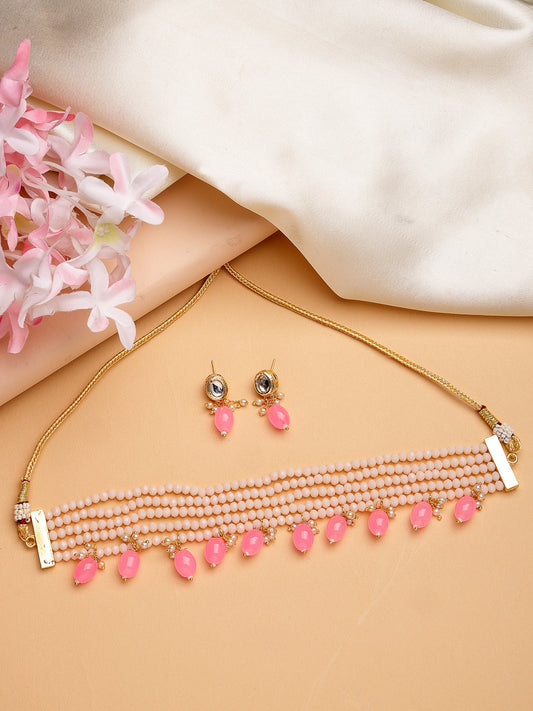 NVR Women Pink Artificial Beads Layered Necklace with Drop Earrings