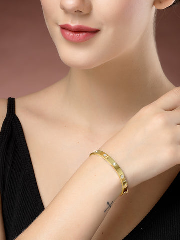 NVR Women Gold-Plated CZ Stone-Studded Kada Bracelet