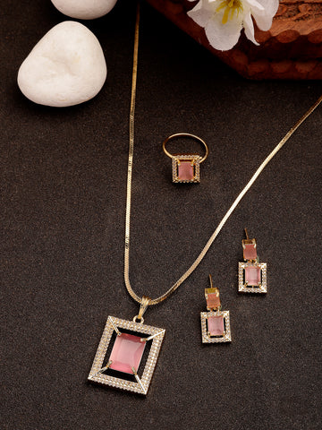 NVR Women Gold-Plated Pink American Diamond-Studded Pendant Set with Ring