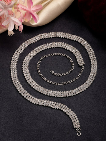 NVR Women's Silver-Plated AD-Studded 3 Layered Kamarbandh Waist Chain