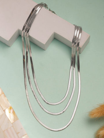 NVR Women's German Silver Plated Oxidised Minimal Layered Chain