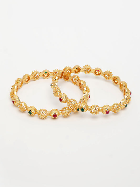 NVR Women's Set of 2 Gold-Plated Artificial Stones Traditional Bangles
